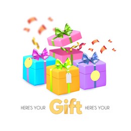 falling gift boxes. 3d gifts for special offer, surprise, win, birthday, wedding and baby shower. colorful desing isolated on white.