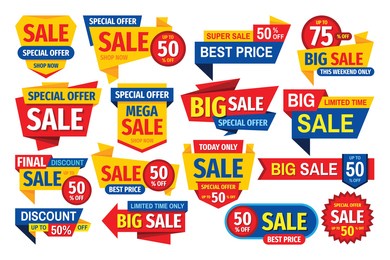 sale tag design badge set. discount abstract banner collection. special offer, best price concept stickers. clearance graphic messages. vector illustration.