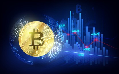 bitcoin currency. crypto coin with growth chart. international stock exchange. network bitcoin marketing vector banner.