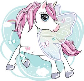 cute little unicorn character with butterfly wings flying in the skies.