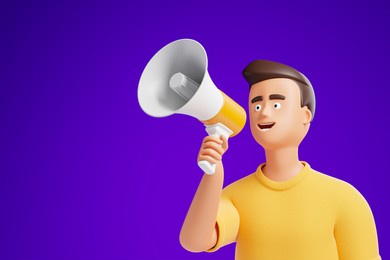 handsome cartoon character man in yellow shirt making announcement with megaphone loudspeaker  over purple background. 3d render illustration.
