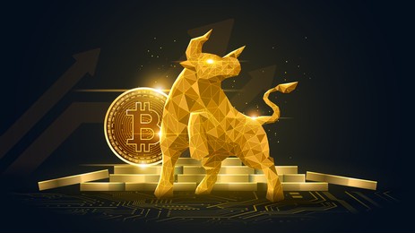 bullish trend of bitcoin crypto currency in golden futuristic concept