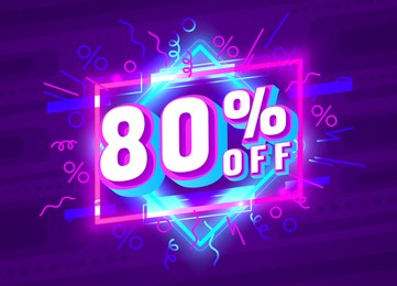 cyber 80 off sale banner, light neon flyer, retro label. vector illustration