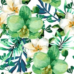 tropical watercolor floral seamless pattern with orchid flowers. jungle palm leaves background.