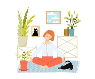 red haired young woman doing yoga and meditation at home, sitting in lotus pose on yoga mat. cozy house room interior with funny cat potted plants and girl relaxing alone.