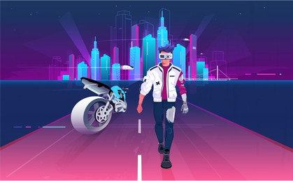 vector cyberpunk male robot. a man with a cyborg face. a mechanical man in clothes walks along the road. cyberpunk man and next to a modern motorcycle. modern cyberpunk night city