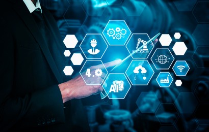 industry 4.0 technology concept - smart factory for fourth industrial revolution with icon graphic showing automation system by using robots and automated machinery controlled via internet network .