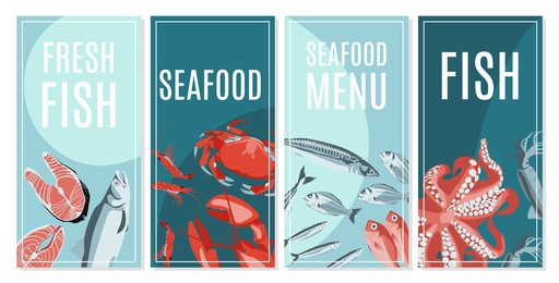 fresh seafood card templates set. seafood restaurant menu, fish market, shop design. flyer, promotional banner, packaging with natural nutritious marine fishes and creatures flat vector illustration