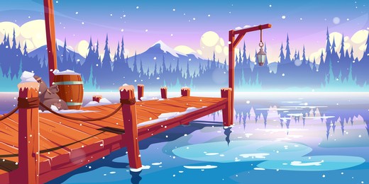 wooden pier on winter lake, pond or river landscape, wharf with ropes, lantern, barrel and sacks on mountains background with clouds, spruces and snowflakes fall on water. cartoon vector illustration