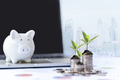 piggy and the tree  growing on money coin stack for investment and saving with financial report of investor real estate business, city and graph background.  investment and saving concept