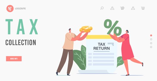 tax collection landing page template. tiny characters holding huge golden coins and percent symbol at tax return paper document. money cashflow, taxation, income. cartoon vector people illustration