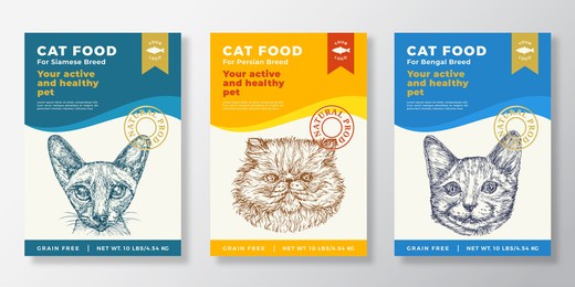 cat food label templates set. abstract vector packaging design layouts collection. typography banners with hand drawn bengal, persian and siamese breeds sketch faces background. isolated.