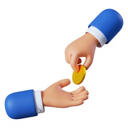 cartoon character hands give and take golden coin. business clip art isolated on white background. payment and shopping, good deal partnership concept. 3d illustration.