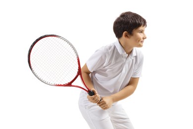 kid playing tennis isolated on white background