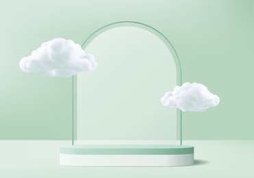 display 3d background products podium scene with cloud platform. background vector 3d rendering with podium. stand to show cosmetic products. cloud stage showcase on pedestal display green studio