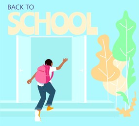 schoolboy with backpack is running upstairs. concept of start of classes, back to school. flat art rastered copy