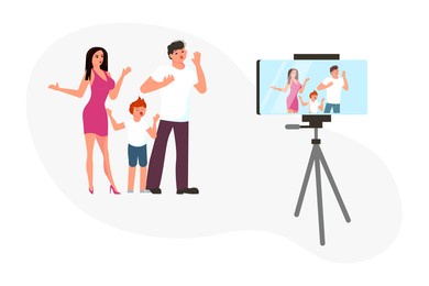 happy family taking a broadcast for social media network illustration. people characters vloggers make a live streaming. rastered copy