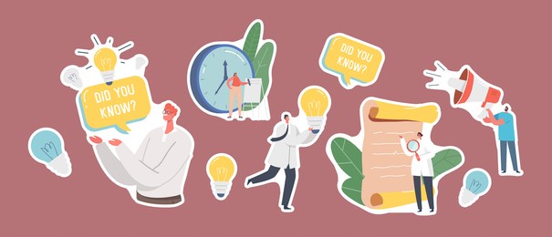 set of stickers interesting facts theme. scientists with magnifier and light bulb, antique parchment scroll man with did you know speech bubble explain info, tips. cartoon people vector illustration