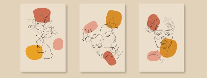 sample product surreal faces continuous line, drawing of set faces and hairstyle, fashion concept, woman beauty minimalist, vector illustration pretty. contemporary portrait mug, shirt, postcard