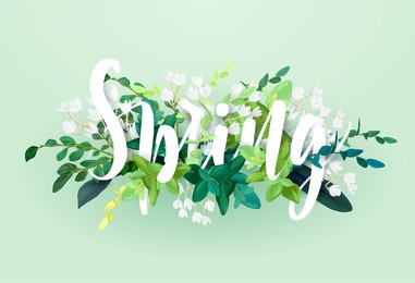 floral spring design with white flowers, green leaves, eucaliptus and succulents. vector illustration.