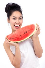 beautiful smiling young woman cheerful beauty asian model with watermelon.