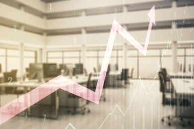 multi exposure of virtual abstract financial chart and upward arrow interface on modern corporate office background, rise and breakthrough concept