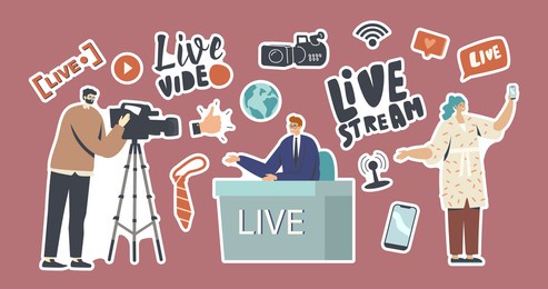 set of stickers live stream, news theme. videographer with camera, anchorman sitting at desk conduct program, woman with phone. vlogger, reporter characters. cartoon people vector illustration