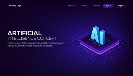 futuristic microchip processor with lights on the blue background. quantum computer, large data processing, database concept. cpu isometric banner. central computer processors cpu concept.digital chip