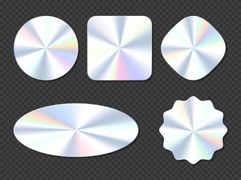 holographic stickers, hologram labels of different shapes. round, square, oval, rhombus and wavy iridescent foil or silver colored blank rainbow shiny emblems, realistic 3d vector illustration, set