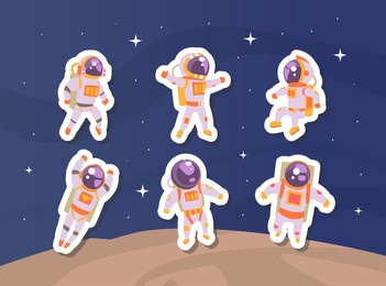 astronaut stickers set, cute cosmonaut in outer space patches cartoon vector illustration