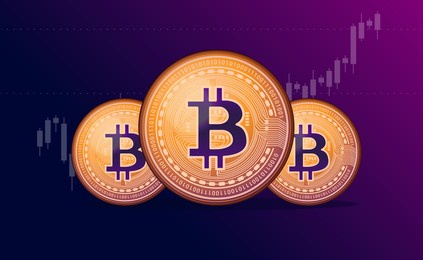 vector bitcoin with rising chart - three bitcoins and market chart with dark background. trading and price concept.
