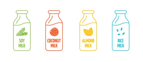 soy, almond, coconut and rice milk logotype set in bottle linear form. packaging badge design elements. hand drawn healthy vegan drink labels. isolated logo collection vector eps illustration