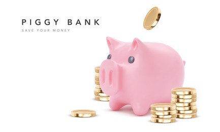 gold coins fly around the piggy bank isolated on white background. symbol of profit and growth. realistic vector object for advertising sale. stability and security of money storage. vector illustrati