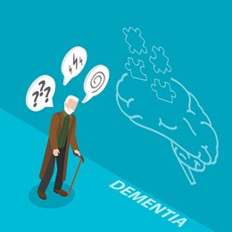 3d isometric flat conceptual illustration of dementia health disorder, memory loss.
