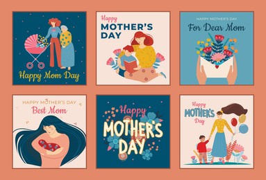 six designs for mothers day greeting cards with text showing mothers with children of assorted ages, flowers and decorative messages, set of colored vector illustrations