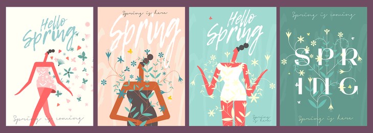 spring, summer, sale. a set of vector illustrations. flowers and a happy, loving girl. spring, summer vector flat illustration. minimalistic, trendy style. poster, banner, postcard.