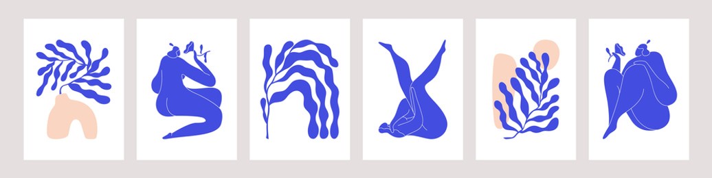 matisse-inspired modern posters with abstract woman and branches on white background. set of contemporary wall art. colored flat vector illustrations of vertical artworks with people and leaves