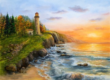original oil painting of  lighthouse and cliffs.golden sunset over ocean coastline on canvas.modern impressionism
