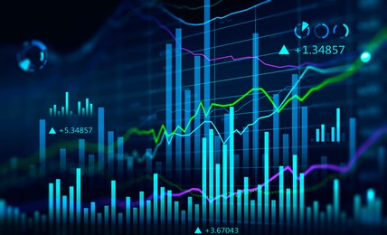 concept of stock market and fintech forex concept. blurry blue digital charts over dark blue background. futuristic financial interface. 3d render illustration.