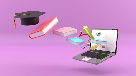 floating books, hat, and laptop isolated on a purple background, 3d illustration