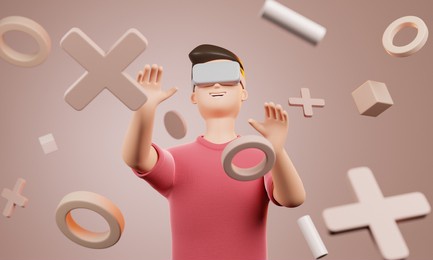 cartoon character man using vr headset at virtual reality world with simple geometric forms over beige background. 3d render illustration.