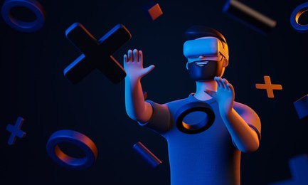 cartoon beard character man using vr goggles at virtual reality world with simple geometric forms over black background. blue and yellow light future gaming concept. 3d render illustration.