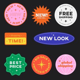 set of shopping stickers retro design. cute sale label badges. trendy free shipping, new look, big sale, best price banners pack. vector illustration.