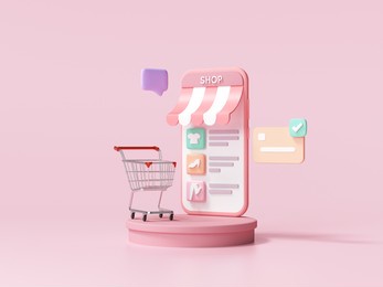 shopping online application on smartphone, online mobile shopping and delivery for web page template. 3d render illustration