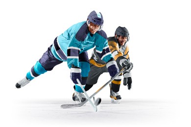 professional hockey player skating on ice. isolated in white