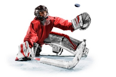 professional ice hockey goalkeeper or goalie or goaltender isolated on white backgroung