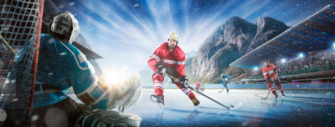 professional hockey player skating on ice. isolated in white