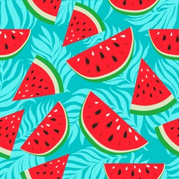 watermelons with black and white  seeds on palm dypsis leaves background. seamless watermelons pattern. background with red sweet watermelon slices. cute seamless  pattern with watermelons.