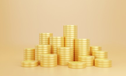 stack of golden coins on yellow background with earning profit concept. gold coins or currency of business. 3d rendering.