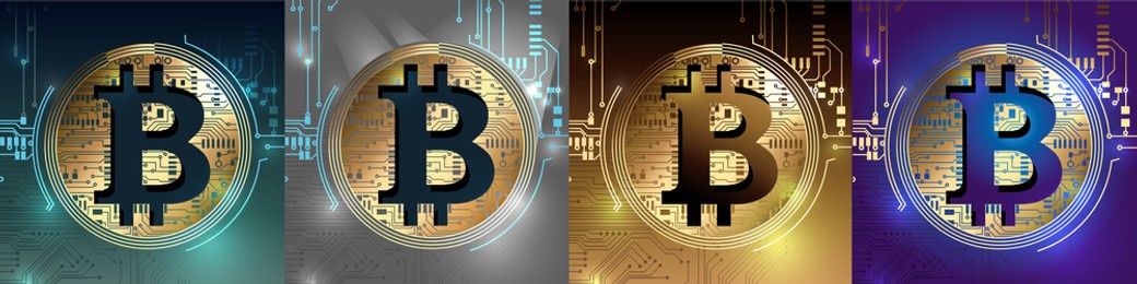 set of bitcoin signs. bitcoin digital cryptocurrency in circuit board style. vector illustration